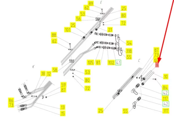 Oryginalny przewód hydrauliczny o numerze katalogowym 100798636, stosowany w hederach zbożowych marki Rostselmash schemat