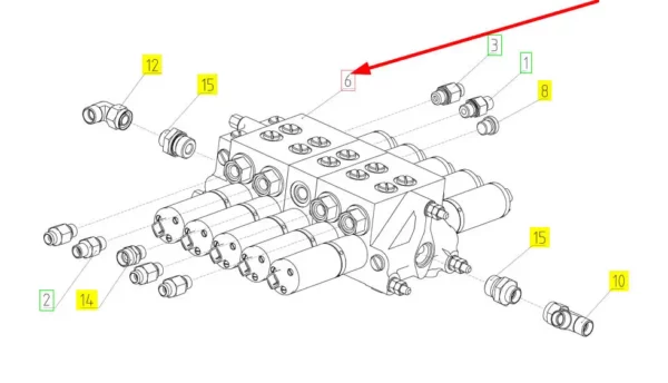 Oryginalny zawór hydrauliczny o numerze katalogowym 100809397, stosowany w kombajnach zbożowych marki Rostselmash schemat.