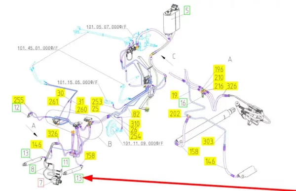 Oryginalny siłownik hydrauliczny o numerze katalogowym 100842650, stosowany w kombajnach zbożowych marki Rostselmash schemat.