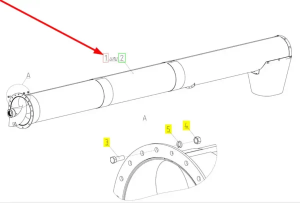 Oryginalny podajnik ślimakowy o numerze katalogowym 100850435, stosowany w kombajnach zbożowych marki Rostselmash. schemat