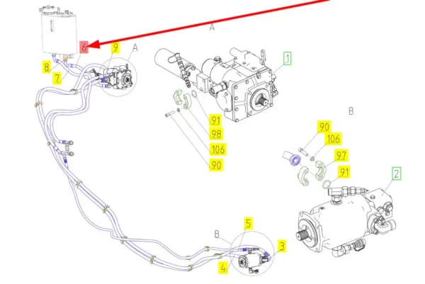 Oryginalny przewód hydrauliczny o numerze katalogowym 100854952, stosowany w kombajnach zbożowych marki Rostselmash schemat.