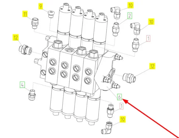 Oryginalny zawór sterowania hydraulicznego o numerze katalogowym 100855496, stosowany w kombajnach zbożowych marki Rostselmash schemat.