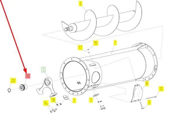 Oryginalne sprzęgło ślimaka wyrzutu ziarna  o numerze katalogu 100856328, stosowane w kombajnach zbożowych marki Rostselmash. schemat