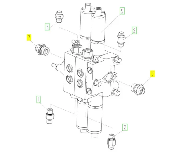 Oryginalny zawór sterowania hydraulicznego o numerze katalogowym 100862023, stosowany w kombajnach zbozowych marki Rostselmash. schemat