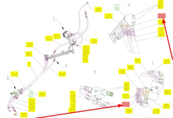 Oryginalne kolanko hydrauliczne o numerze katalogowym 100957327, stosowane w kombajnach zbożowych marki Rostselmash schemat