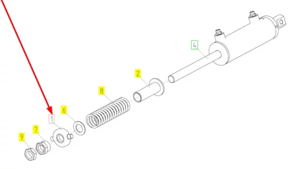 Oryginalne mocowanie sprężyny siłownika o numerze katalogowym 100988656, stosowane w kombajnach zbożowych marki Rostselmash schemat.
