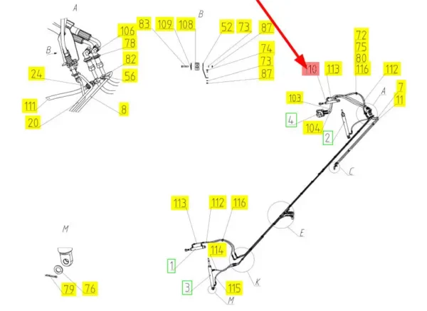 Oryginalny siłownik hydrauliczny hederu o numerze katalogowym 101084659, stosowany w hederach zbożowych marki Rostselmash schemat