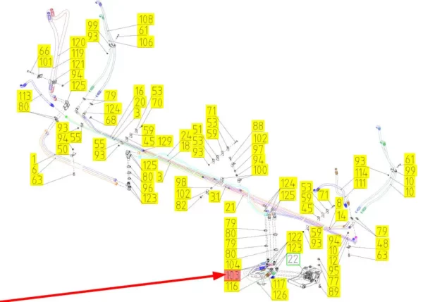 Oryginalny przewód hydrauliczny o numerze katalogowym 101093154, stosowany w kombajnach oraz hederach zbożowych marki Rostselmash schemat