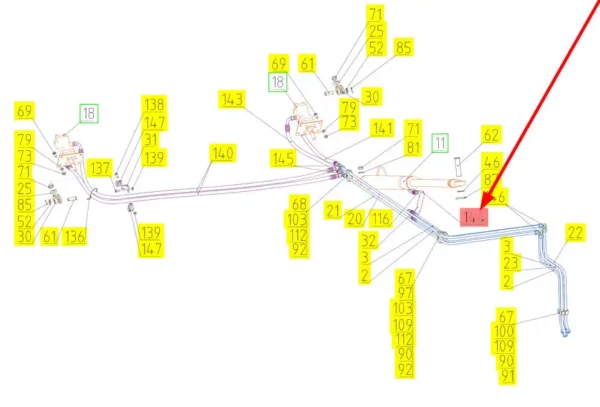 Oryginalny przewód hydrauliczny o numerze katalogowym 101100900, stosowany w kombajnach zbożowych marki Rostselmash schemat