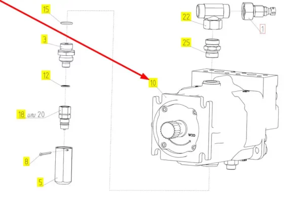 Oryginalny silnik hydrauliczny o numerze katalogowym 101108008, stosowany w kombajnach zbożowych marki Rostselmash schemat.