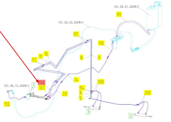 Oryginalny przewód hydrauliczny o numerze katalogowym 101123111, stosowany w kombajnach zbożowych marki Rostselmash schemat.