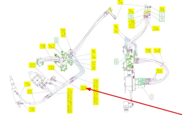 Oryginalny przewód hydrauliczny o numerze katalogowym 101134578, stosowana w kombajnach zbożowych marki Rostselmash schemat.