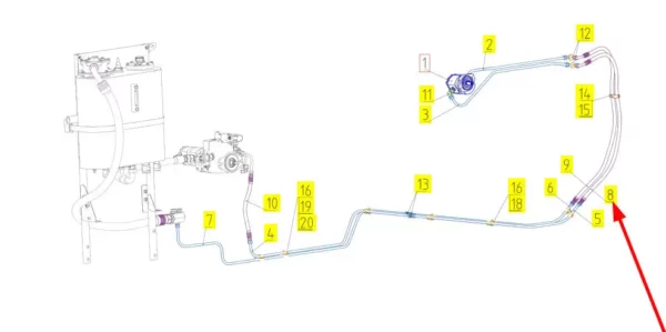 Oryginalny przewód hydrauliczny o numerze katalogowym 101134579, stosowany w kombajnach zbożowych marki Rostselmash schemat.