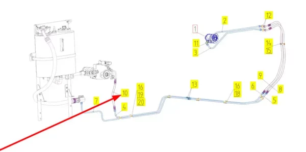 Oryginalny przewód hydrauliczny o numerze katalogowym 101134580, stosowany w kombajnach zbożowych marki Rostselmash schemat.