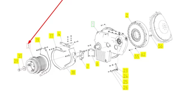 Oryginalne koło pasowe przekładni silnika o numerze katalogowym 101231775, stosowane w kombajnach zbożowych marki Rostselmash schemat.