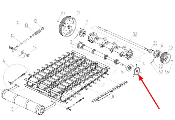 Oryginalne koło zębate przenośnika pochyłego o numerze katalogowym 101266333, stosowane w kombajnach zbożowych marki Rostselmash schemat.