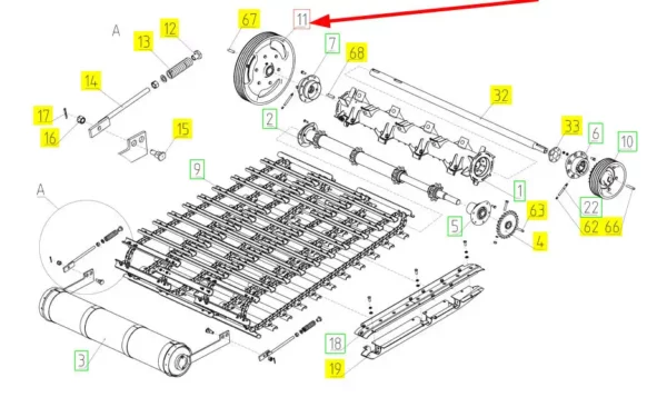 Oryginalne koło pasowe bębna podającego masę o numerze katalogowym 101267079, stosowane w kombajnach zbożówych marki Rostselmash. schemat