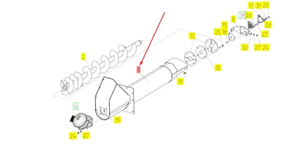 Oryginalna obudowa ślimaka zbiornika ziarna o numerze katalogowym 101392667, stosowana w kombajnach zbożowych marki Rostselmash.-schemat