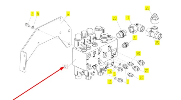 Oryginalny blok hydrauliczny o numerze katalogowym 101411589, stosowany w kombajnach zbożowych marki Rostselmash schemat.