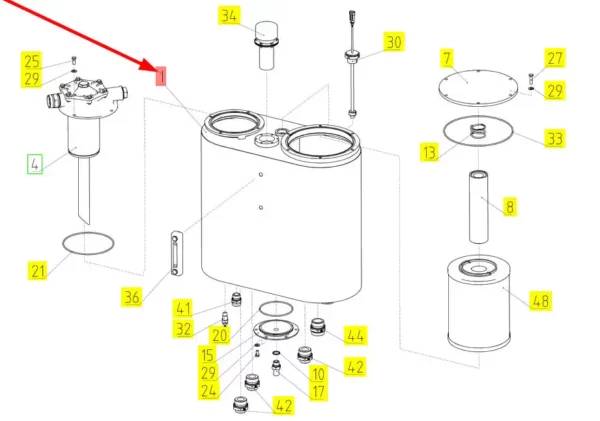 Oryginalny zbiornik oleju hydraulicznego o numerze katalogowym 101428055, stosowany w kombajnach zbożowych marki Rostselmash schemat