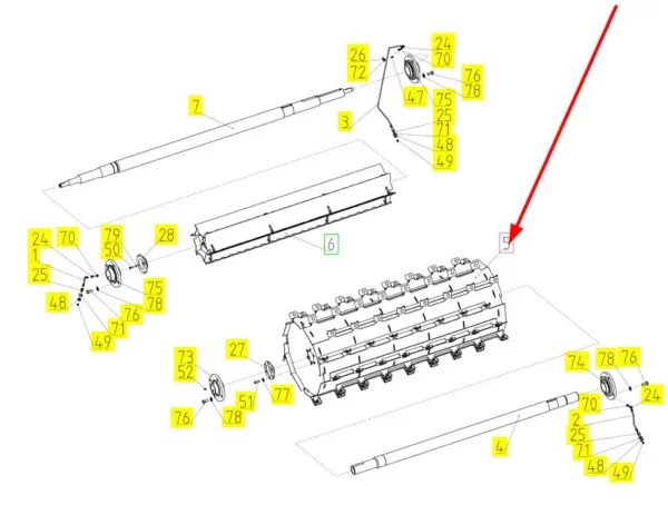 Oryginalny separator bębnowy o numerze katalogowym 101454857, stosowany w kombajnach zbożowych marki Rostselmash schemat.