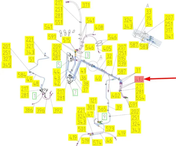 Oryginalny wąż gumowy hydrauliczny o numerze katalogowym 101556262, stosowany w kombajnach zbożowych marki Rostselmash- schemat.