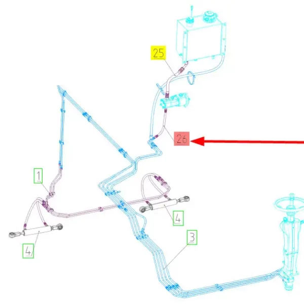 Oryginalny wąż gumowy hydrauliczny o numerze katalogowym 101564576, stosowany w kombajnach zbożowych marki Rostselmash- schemat.