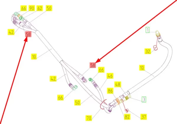 Oryginalny przewód hydrauliczny o numerze katalogowym 101628037, stosowany w kombajnach zbożowych marki Rostselmash schemat
