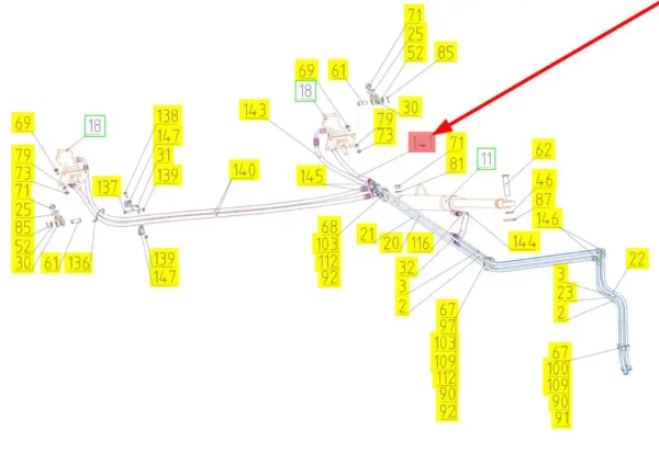 Oryginalny przewód hydrauliczny o numerze katalogowym 101628043, stosowany w kombajnach zbożowych marki Rostselmash schemat