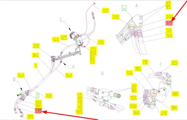 Oryginalny przewód hydrauliczny o numerze katalogowym 101633040, stosowany w kombajnach zbożowych marki Rostselmash schemat