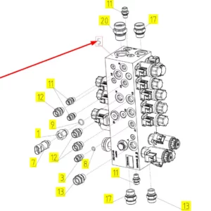 Oryginalny blok hydrauliczny o numerze katalogowym 101774905, stosowany w kombajnach zbożowych marki Rostselmash schemat.