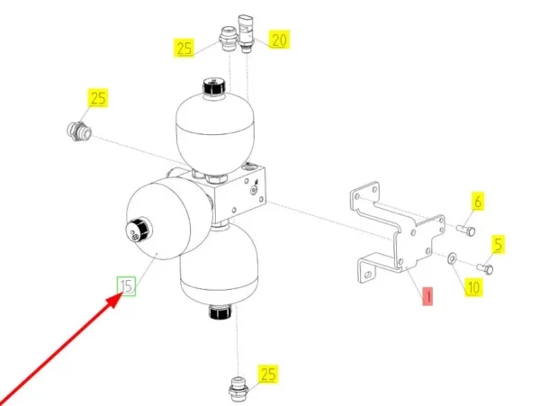 Oryginalny akumulator hydrauliczny o numerze katalogowym 101842662, stosowany w kombajnach zbożowych marki Rostselmash schemat.