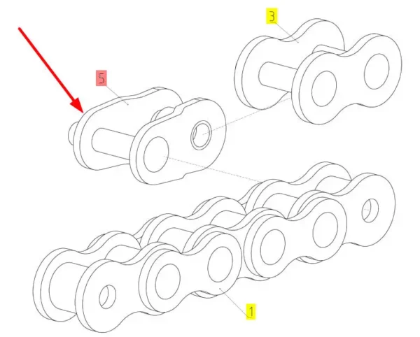 Oryginalne półogniwo łańcucha, o numerze katalogowym 101844652, stosowane w kombajnach zbożowych marki Rostselmash. schemat
