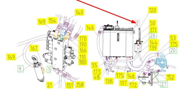 Oryginalny zbiornik oleju hydraulicznego o numerze katalogowym 102001633, stosowany w kombajnach zbożowych marki Rostselmash schemat.