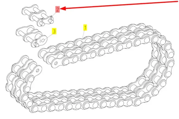 Oryginalna spinka łańcucha napędu przenośnika ślimakowego rury wyładowczej o numerze katalogowym 102075360, stosowana w kombajnach zbożowych marki Rostselmash schemat.
