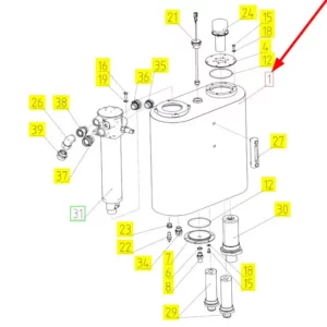 Oryginalny zbiornik oleju hydraulicznego o numerze katalogowym 102164692, stosowany w kombajnach zbożowych marki Rostselmash schemat