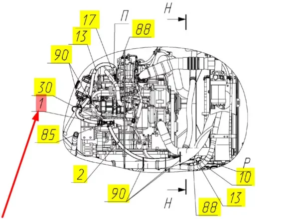 Oryginalny przewód gumowy układu nagrzewania kabiny o numerze katalogowym 102329627, stosowany w kombajnach zbożowych marki Rostselmash schemat.