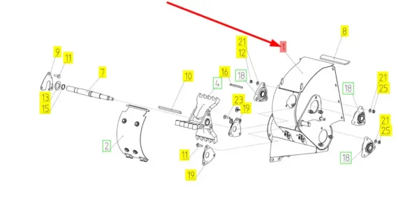 Oryginalna obudowa mechanizmu młynka niedomłotów o numerze katalogowym 102351712, stosowana w kombajnach zbożowych marki Rostselmash schemat.