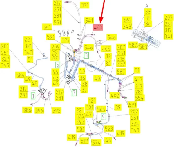 Oryginalny wąż gumowy hydrauliczny o numerze katalogowym 102369097, stosowany w kombajnach zbożowych marki Rostselmash- schemat.