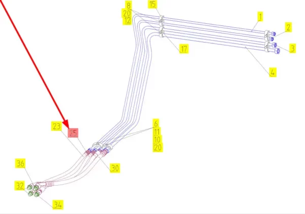 Oryginalny przewód hydrauliczny o numerze katalogowym 102389044, stosowany w kombajnach zbożowych marki Rostselmash schemat