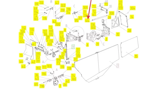Oryginalna rura mocowania osłony lewej o numerze katalogowym 102392129, stosowana w kombajnach zbożowych marki Rostselmash. schemat