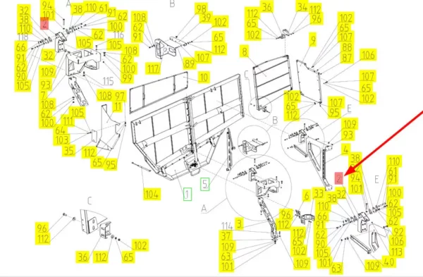 Oryginalne mocowanie osłony o numerze katalogowym 102396424, stosowane w kombajnach zbożowych marki Rostselmash. schemat