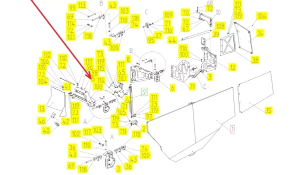 Oryginalny uchwyt zawiasu osłony o numerze katalogowym 102396971, stosowany w kombajnach zbożowych marki Rostselmash. schemat