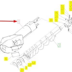 Oryginalna obudowa ślimaka załadowczego zbiornika ziarnia o numerze katalogowym 102414030, stosowany w kombajnach zbożowych marki Rostselmash- schemat.
