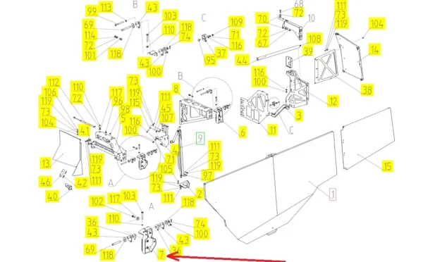 Oryginalny zawias klapy bocznej o numerze katalogowym 102426274, stosowany w kombajnach zbożowych marki Rostselmash. schemat
