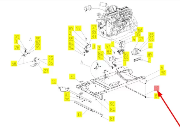 Oryginalne mocowanie silnika o numerze katalogowym 102437107, stosowane w kombajnach zbożowych marki Rostselmash schemat