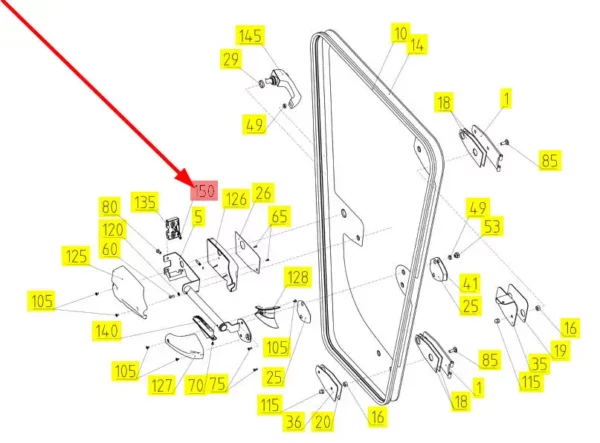 Oryginalny zamek drzwi kabiny o numerze katalogowym 102464149, stosowany w kombajnach zbożowych marki Rostselmash schemat