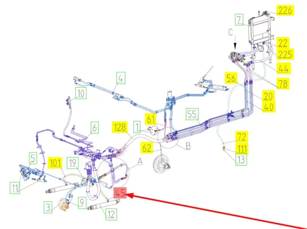 Oryginalny przewód hydrauliczny o numerze katalogowym 102493063, stosowany w kombajnach zbożowych marki Rostselmash schemat.