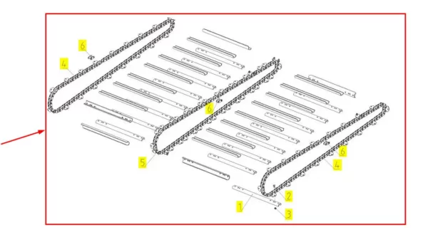 Oryginalny, kompletny łańcuch przenośnika pochyłego o numerze katalogowym 102502217, stosowany w kombajnach zbożowych marki Rostselmash.-schemat