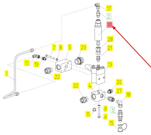 Oryginalny zawór hydrauliczny o numerze katalogowym 102513778, stosowany w kombajnach zbożowych marki Rostselmash schemat.